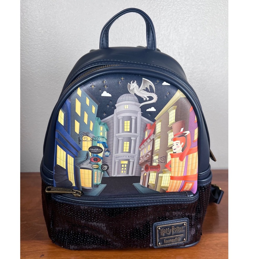 Loungefly Harry Potter Diagon Alley Mini Backpack Navy Sequin EUC
